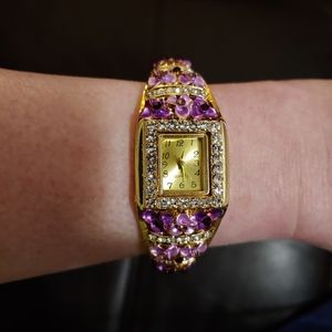 Bracelet Watch with Purple Flowers and Faux Stones